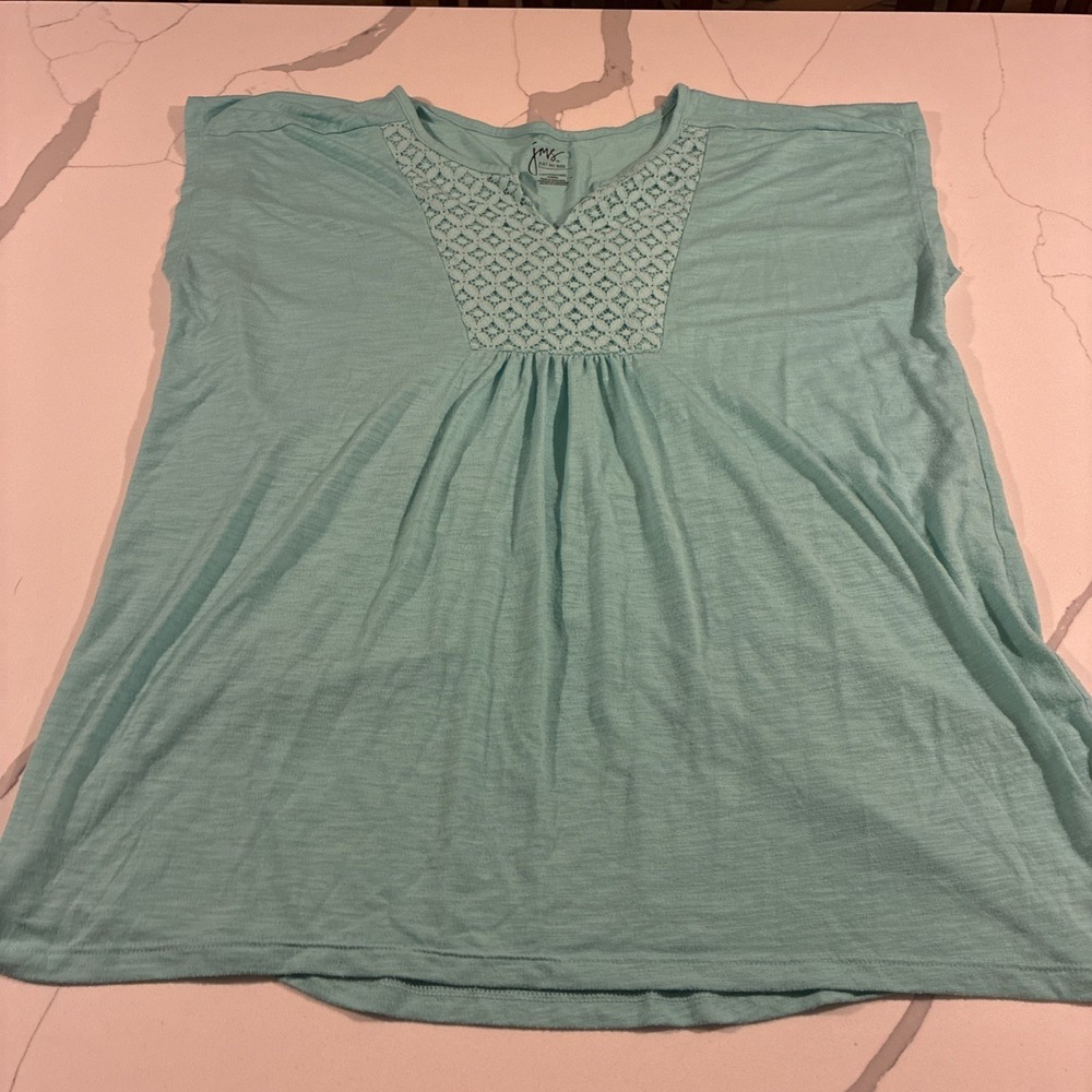 Just My Size JMS Women 1x Shirt Teal Peasant Hippie Short Sleeve Cotton Crochet